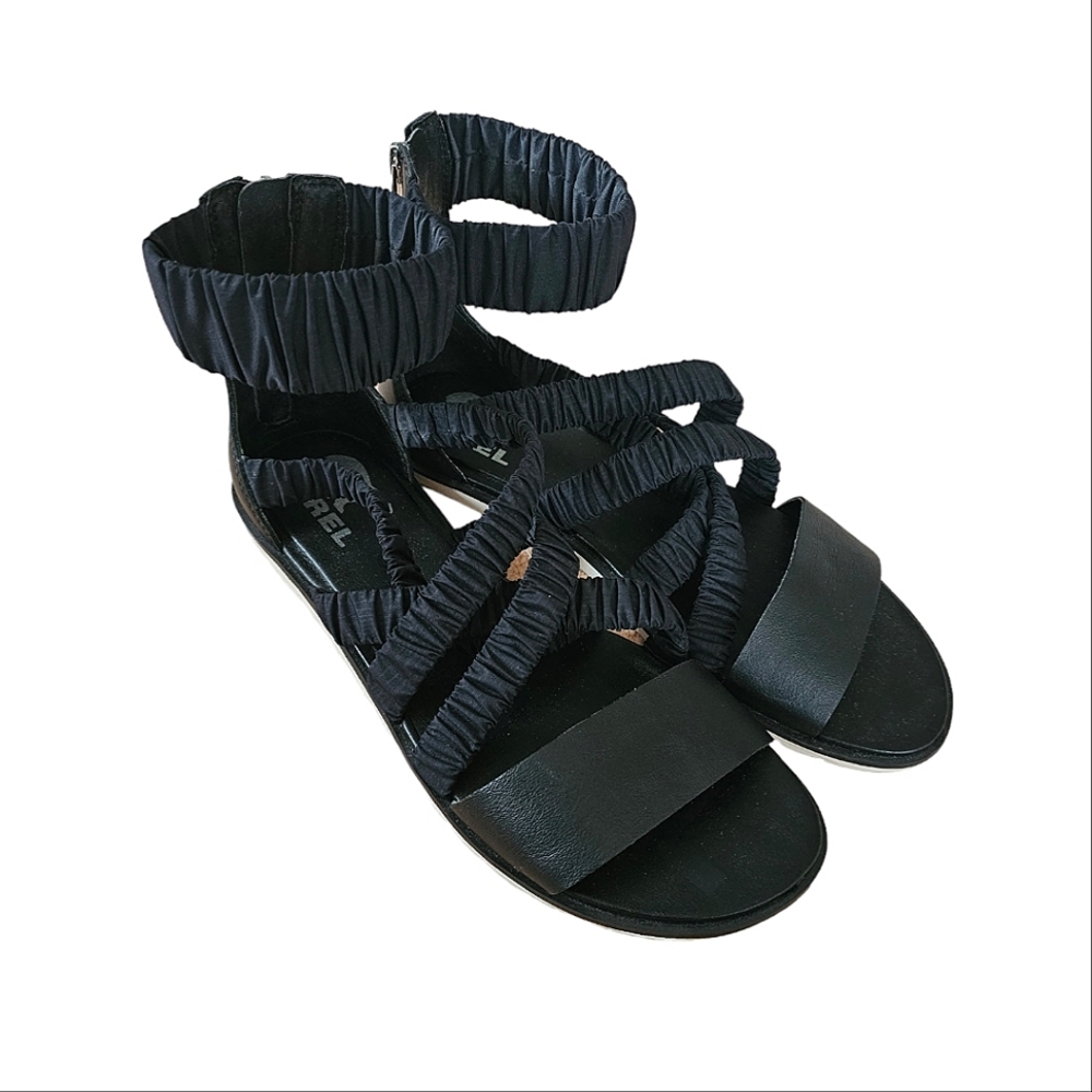 SOREL Black Ella Ankle Strap Open Toe Leather Sandals